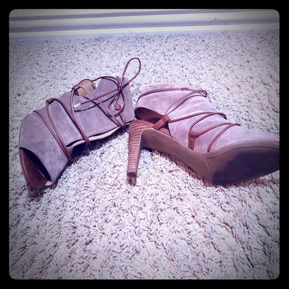 Taupe Suede tie heel out sandals